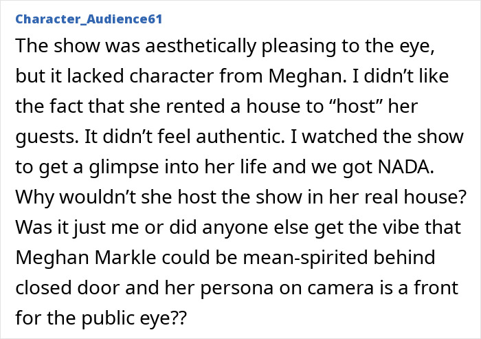 Text criticizing Meghan Markle's show, highlighting lack of authenticity and controversies. Text criticizing Meghan Markle's show, highlighting lack of authenticity and controversies.