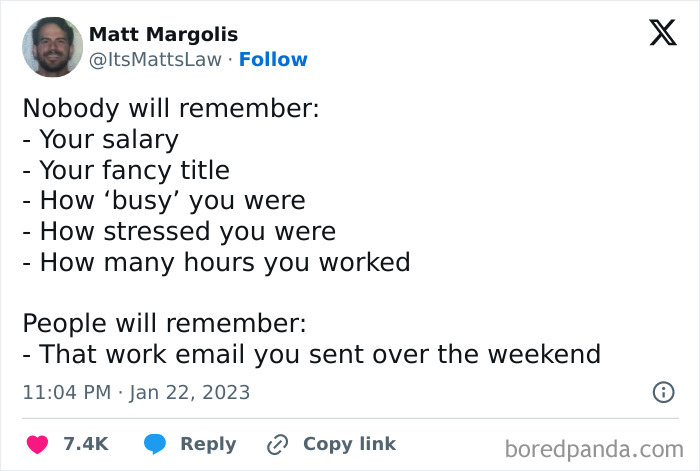 Tweet humorously highlighting work email jokes, noting that weekend emails are more memorable than job roles or workload.