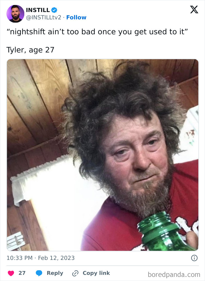 A man with messy hair looks tired, holding a bottle, captioned humorously; popular Facebook meme.