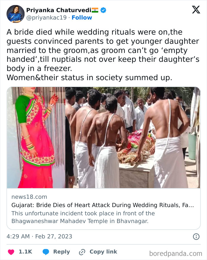 A tweet discusses disturbing wedding traditions, with a group of men in traditional attire attending a ceremony.