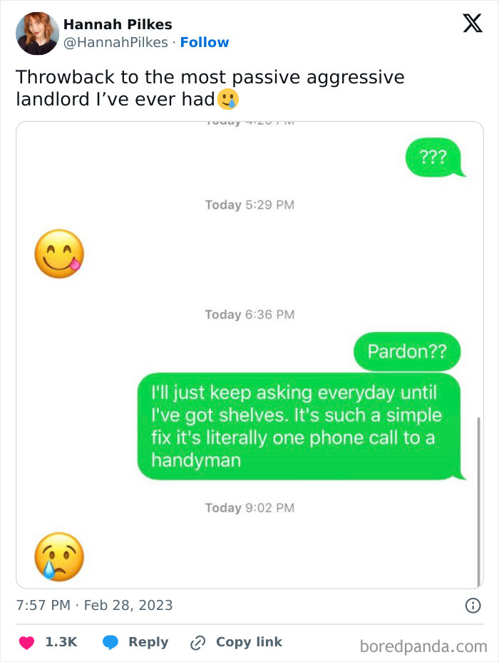 Text exchange showing a passive-aggressive encounter about fixing shelves with emojis conveying frustration and puzzlement.