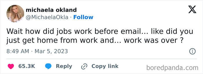 Tweet humorously questioning work before email, highlighting work-email-jokes.