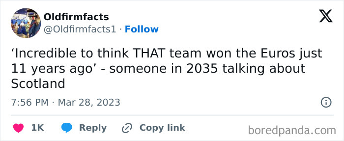 Tweet joking about Scotland's Euros win being discussed in 2035, showcasing Scottish humor.