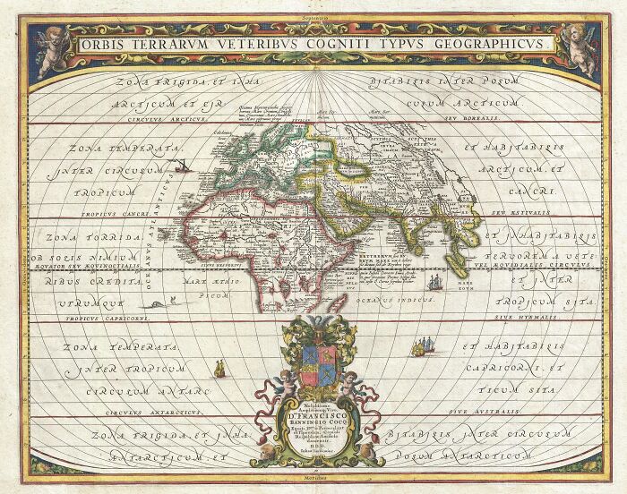 Historical world map with elaborate borders and Latin text, showcasing continents as understood in the past.