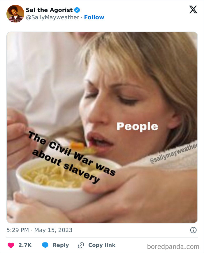 Woman with noodle bowl labeled "The Civil War was about slavery," representing unwanted hot takes.