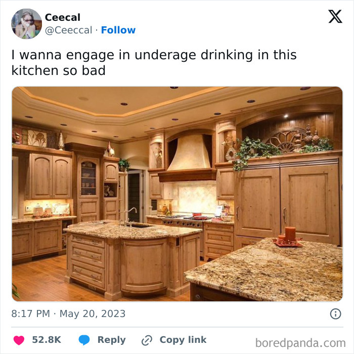 Luxurious kitchen with wooden cabinets and granite countertops. Middle class fancy meme text about underage drinking.
