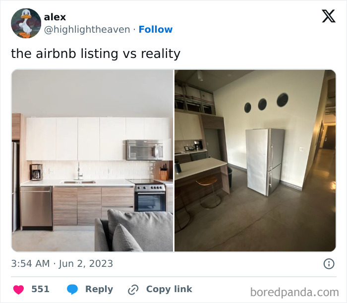 Airbnb expectations versus reality: Modern kitchen listing compared to a dim, minimal kitchen space in real life.