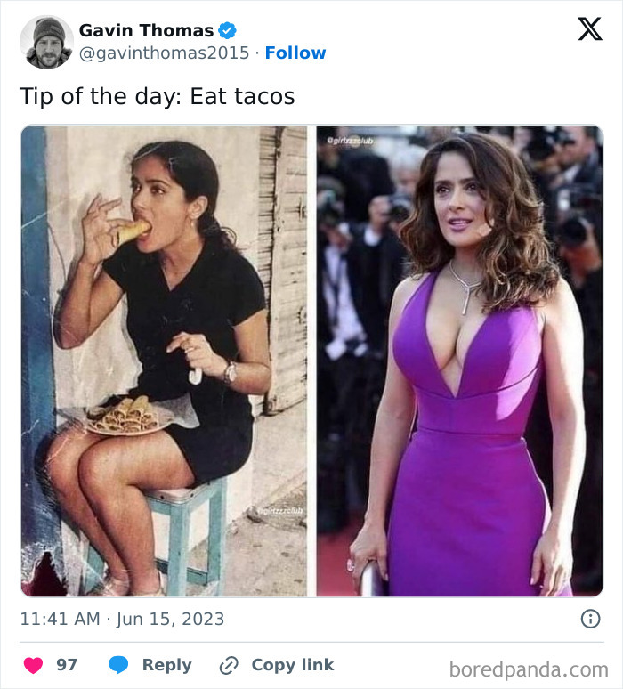 Woman humor meme showing two images side by side: one eating tacos, the other in a purple dress.