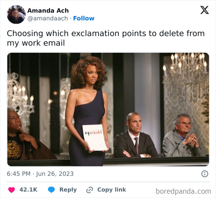 A woman judging a panel, referencing funny work tweet about removing exclamation points from emails.