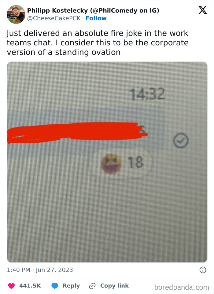 Tweet about a work chat joke receiving multiple laugh reactions, highlighting funny work tweets.