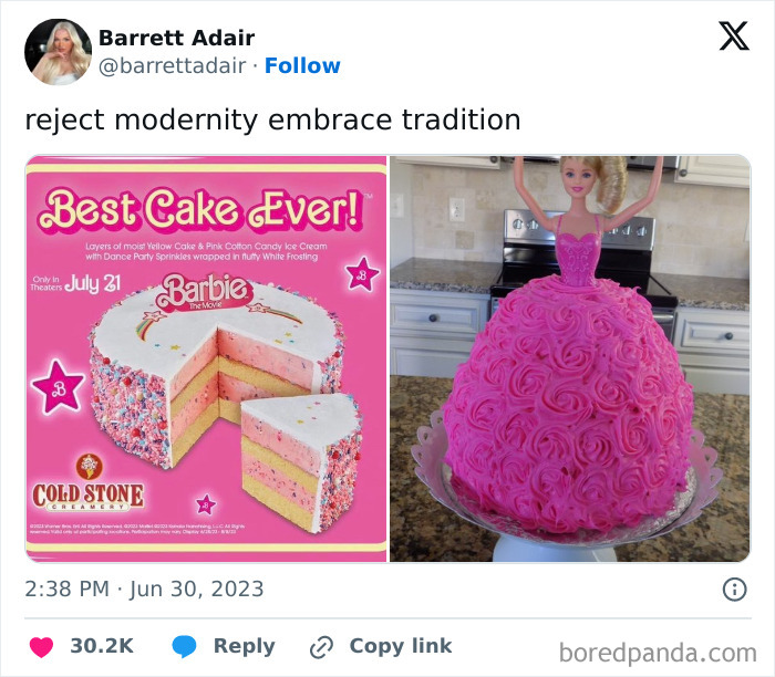 Funny tweet with a poster of a Barbie-themed cake and a Barbie doll cake in a kitchen.