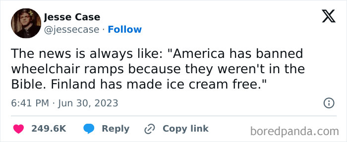 Tweet by Jesse Case humorously contrasts news about America and Finland.