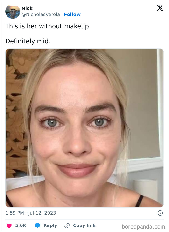 Woman smiling without makeup, highlighted in a social media post, challenging stereotypes about how girls work.