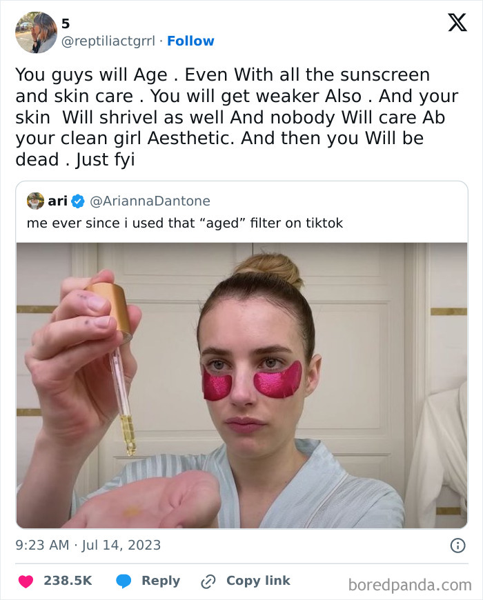 Woman applying skincare serum under eye patches, emphasizing aging and skincare technology.