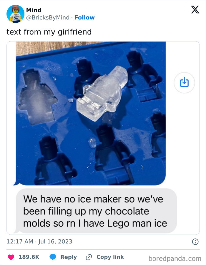 Ice shaped like a Lego figure from a chocolate mold tray, humorously shared on Twitter.