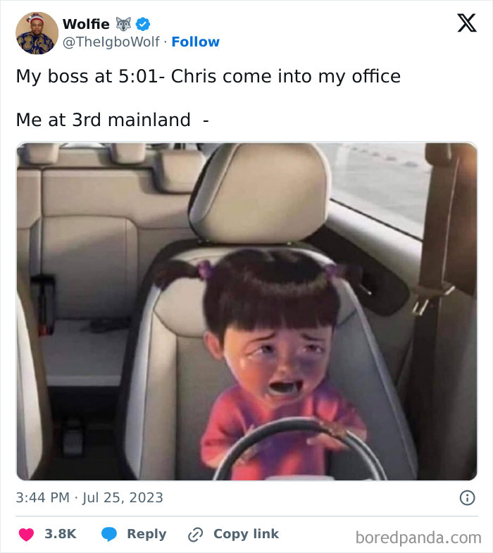 Toddler cartoon character panicking at steering wheel in a car, with tweet about a boss's office request. Hilarious work tweets.