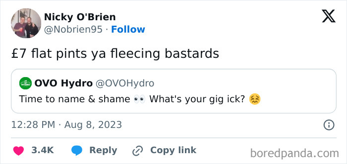 Tweet humorously commenting on the high cost of pints, showcasing Scottish humor.