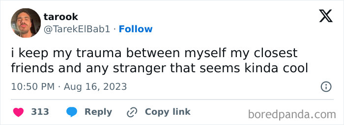 Amusing meme from Diary Introverts on IG, sharing a humorous take on trauma and friendship.