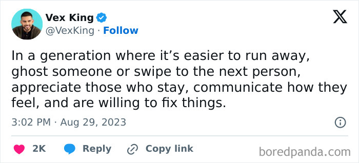 Wholesome post by Vex King highlighting the importance of communication in relationships.