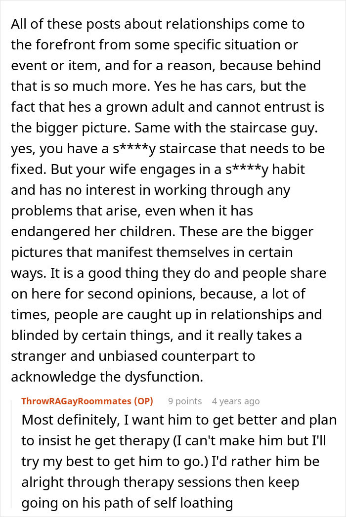 Text discussing relationship challenges and assumptions about breakup due to scars, with a focus on therapy advice.