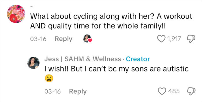 Comments discussing a mom following her daughter on 5k runs, exploring family exercise and challenges with autism.