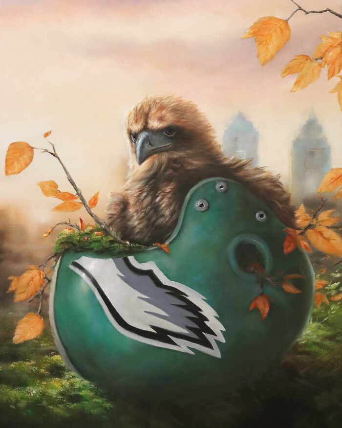 Anthropomorphic artwork by Richard Ahnert featuring an eagle in a shoe with autumn leaves and a cityscape background.