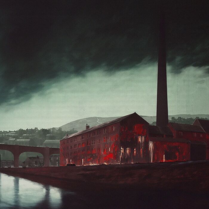 Eerie scenery painting with industrial decay theme, featuring a red-lit building and dark clouds.