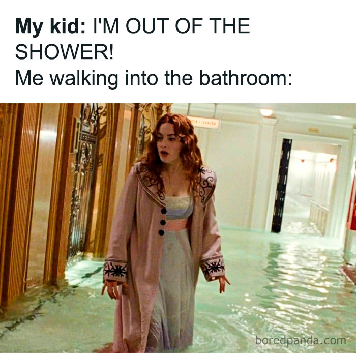Woman in flooded hallway, humorously depicting parenting chaos after a child's shower.