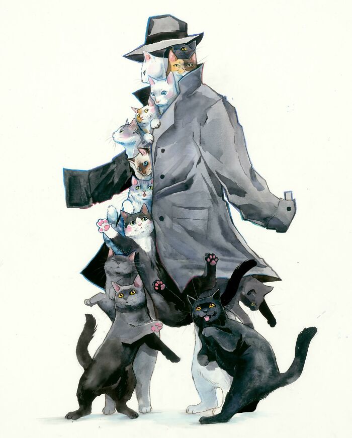 Dream-like painting of a coat filled with playful cats, resembling a mysterious figure.