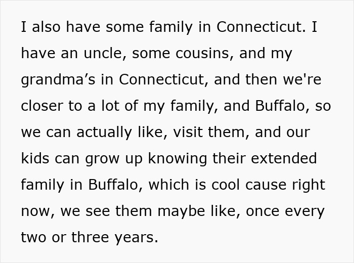 Text discussing moving to a blue state for family closeness in Connecticut and Buffalo.