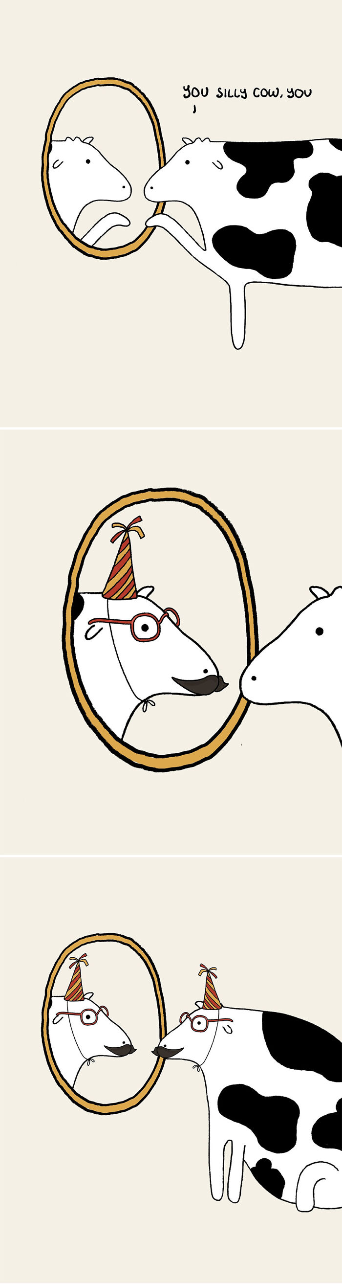 Cartoon cow looks in mirror, sees reflection wearing party hat and glasses. Cow content illustration.