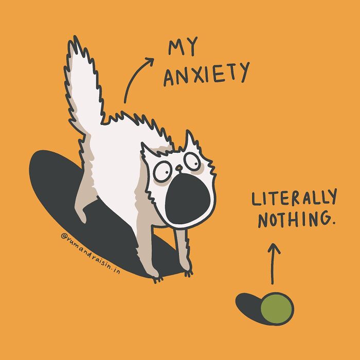 Cartoon cat illustrating anxiety reaction to literally nothing.
