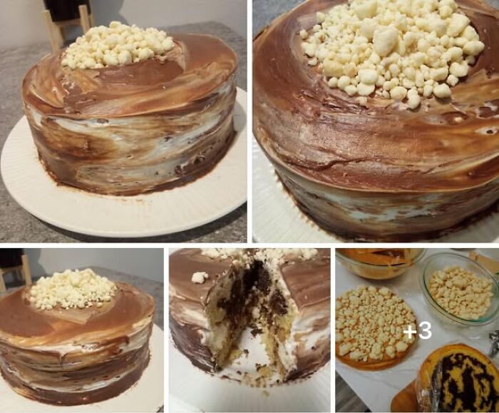 Funny cake fail with uneven frosting and crumbled topping featured in a Facebook baking humor group.