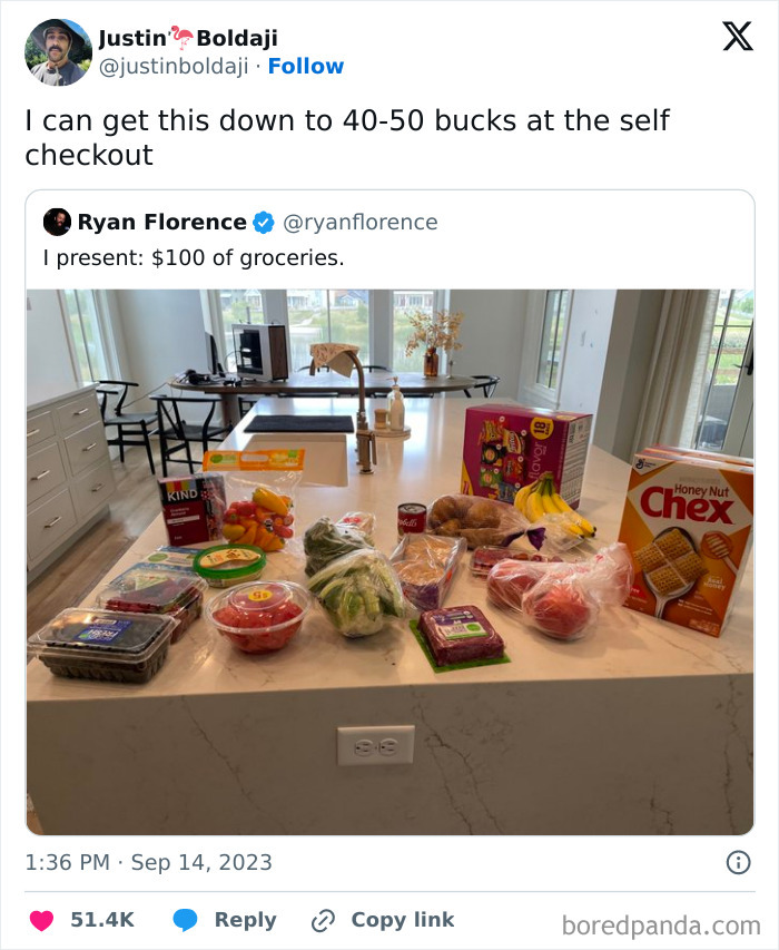 Groceries on a kitchen island with $100 caption, showcasing a food-related meme.