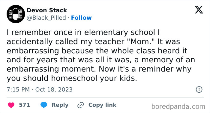 Tweet about an awkward life moment calling a teacher "Mom" in school, highlighting an embarrassing experience.