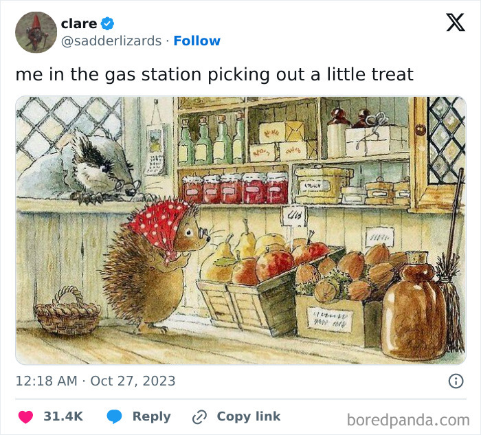 Hedgehog in red scarf choosing treats at a cozy market, embodying unhinged food chaos with humor.