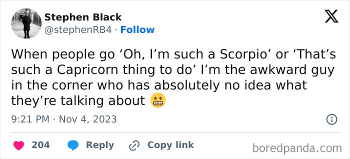 Awkward moment tweet about feeling out of place in astrological conversations, with smiling emoji at the end.