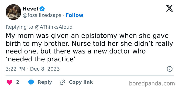 Tweet about a negative experience with an inexperienced doctor performing an unnecessary episiotomy during childbirth.