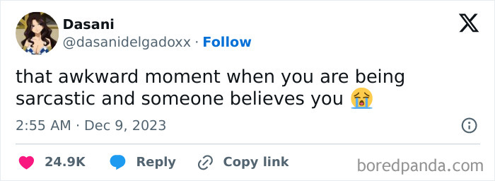 Awkward life moment tweet about sarcasm being taken seriously, with crying emoji and social media interaction stats.