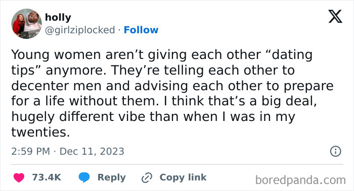 A tweet addressing young women's evolving views on dating tips and sexism, highlighting a shift in mindset.