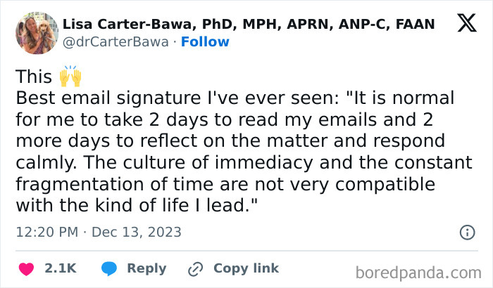 Work-related humor meme featuring a witty email signature about time management and the culture of immediacy.