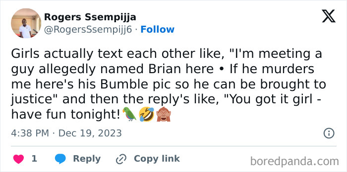 Humorous meme about women's texting habits with friends before a date, featuring witty safety checks and encouragement.