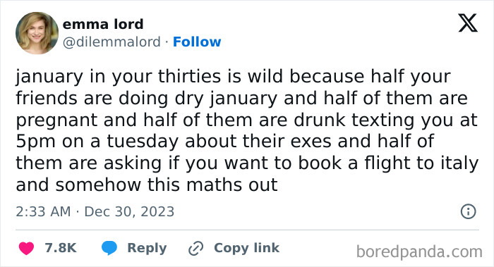 Funny meme from 'Women's Humor' about the chaos of life in your thirties, highlighting relatable social dilemmas.