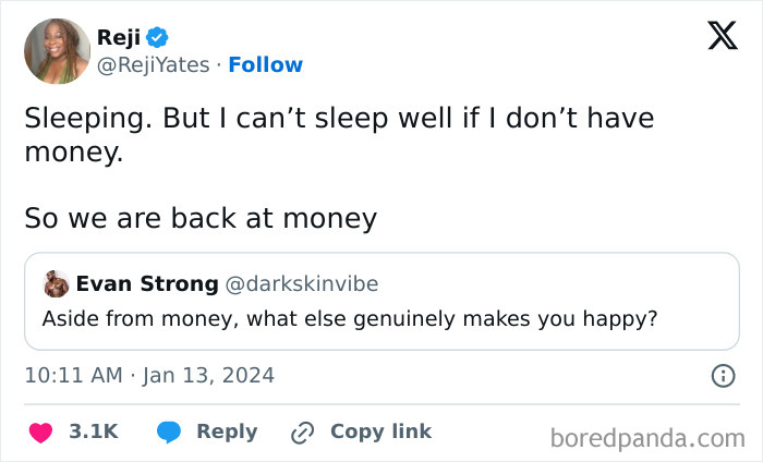 Tweet humorously discussing money and happiness, reflecting broke-people jokes.