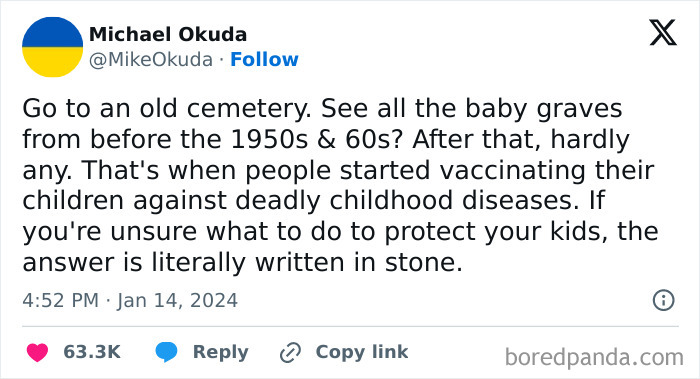 Tweet highlighting facepalm moment about vaccination benefits over time with baby graves comparison before 1950s and 60s.