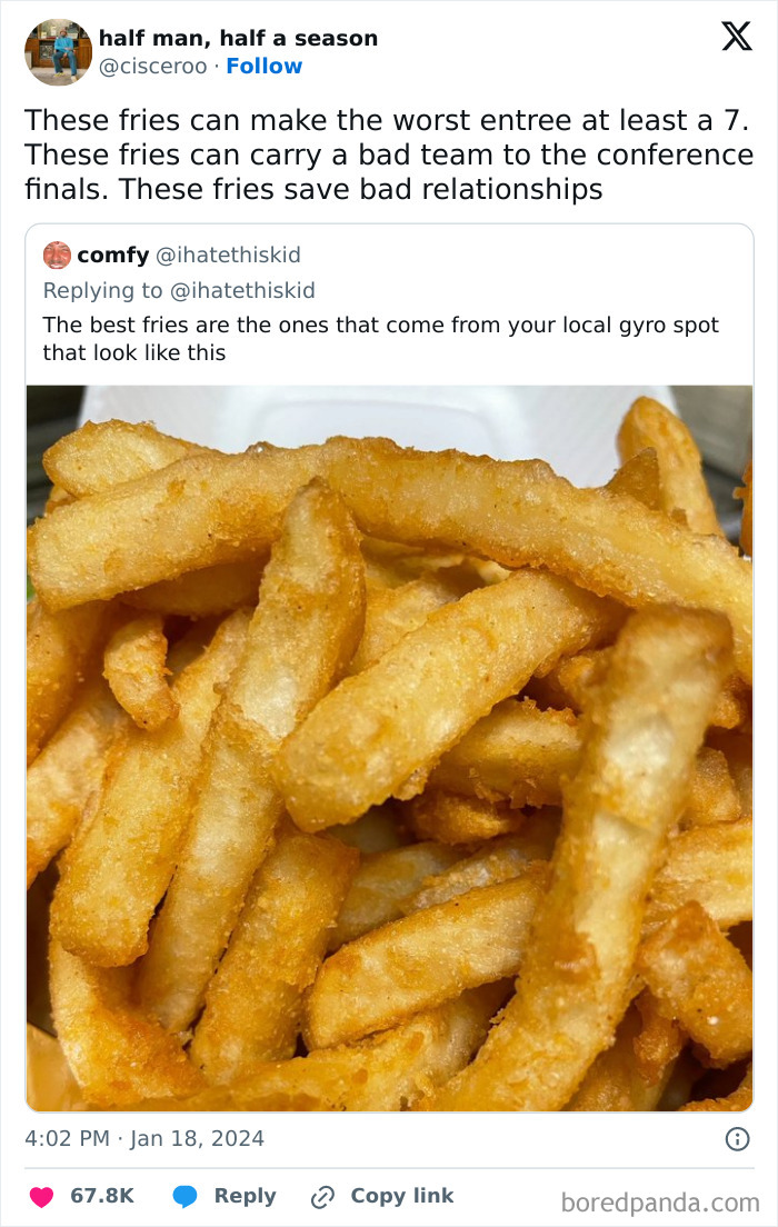 Close-up of crispy fries with humorous text overlay, capturing a relatable middle class fancy meme.