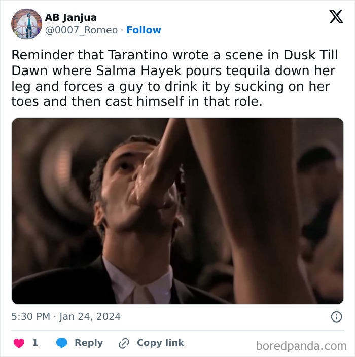 Scene from Dusk Till Dawn with a man drinking tequila from Salma Hayek's foot, showcasing internet randomness.