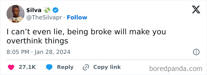 Text tweet about overthinking by broke people, author $ilva, dated Jan 28, 2024.