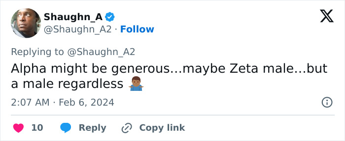 Tweet referencing "alpha male," with a comment suggesting "maybe Zeta male" and male symbol emoji.