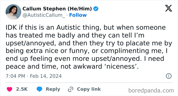 Tweet on feeling upset by awkward attempts at niceness in awkward life moments.